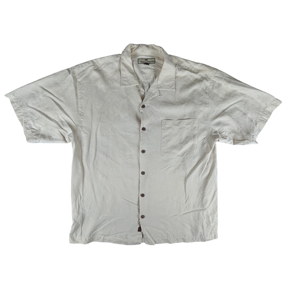 Tommy Bahama Shirt Mens Large Cream Silk Button Up Short Sleeve Pocket Casual